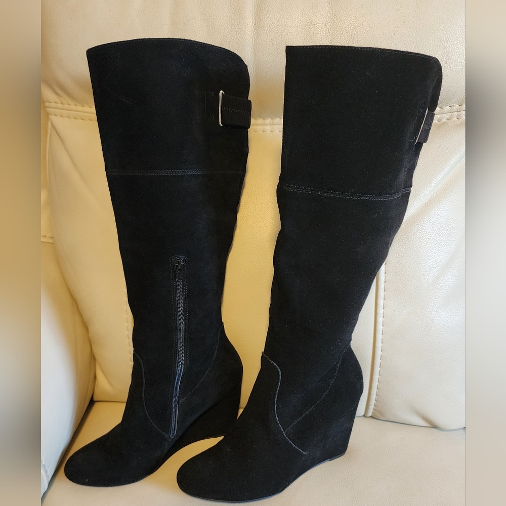 Women's Nine West Black Tall Knee High Boots Shoes  Wedge Heal Suede BlkBox